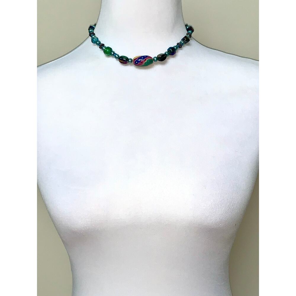 Boho Colorful Painted Iridescent Glass Beaded Choker Statement Necklace - Picture 3 of 7